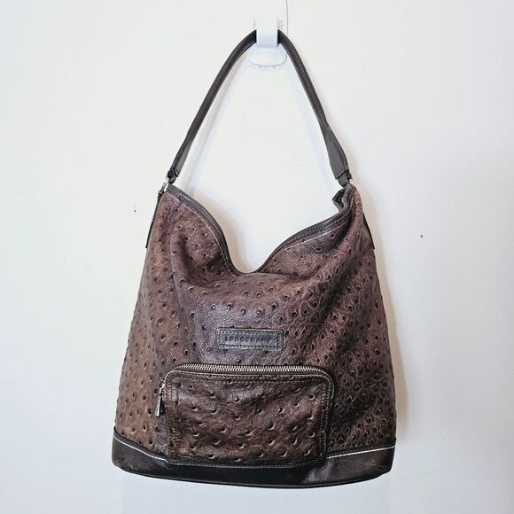 Longchamp Legende Hobo Brown Ostrich Embossed Bag Top Handle Carry Handbag - Picture 1 of 16